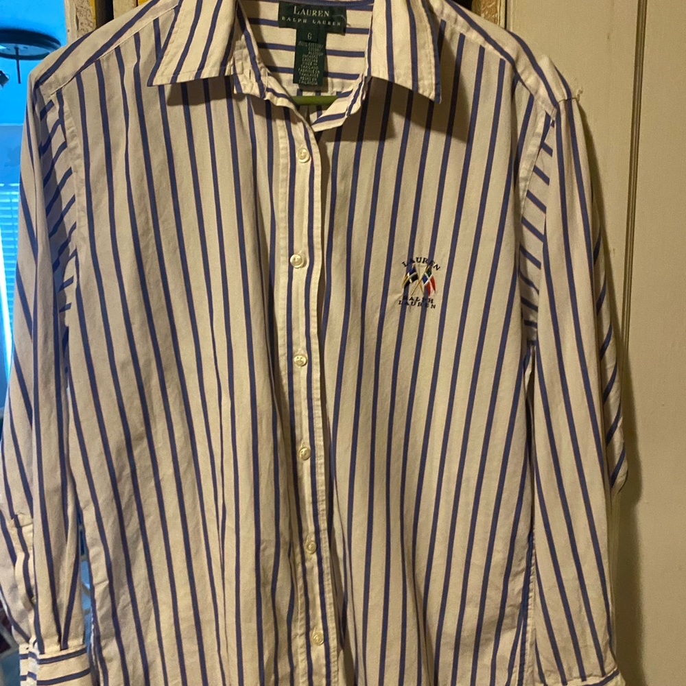 Lauren Ralph Lauren White and Blue Striped Casual Shirt